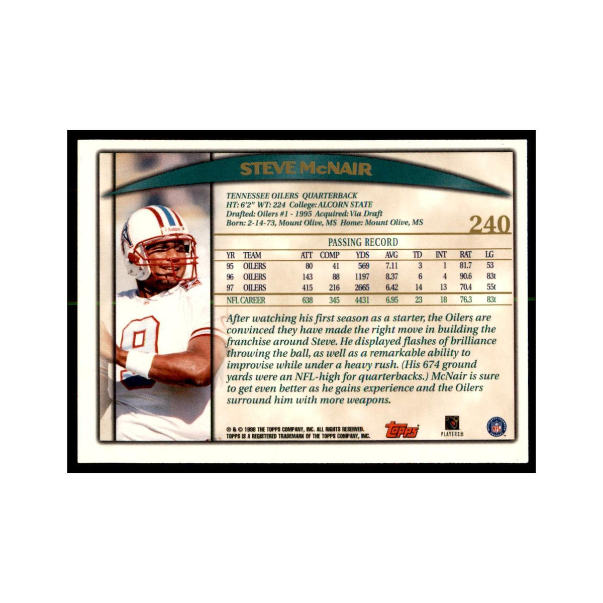 Steve McNair 1998 Topps #240 Football Cards Football Card NM
