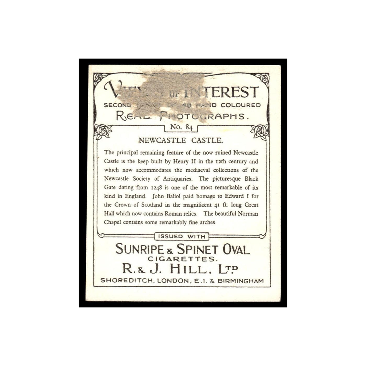Newcastle Castle 1938 Sunripe Spinet Oval Cigarettes Views of Interest #84 Poor