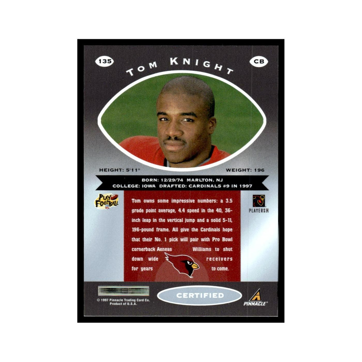 Tom Knight 1997 Pinnacle Certified with Coating #135 St. Louis Cardinals NM