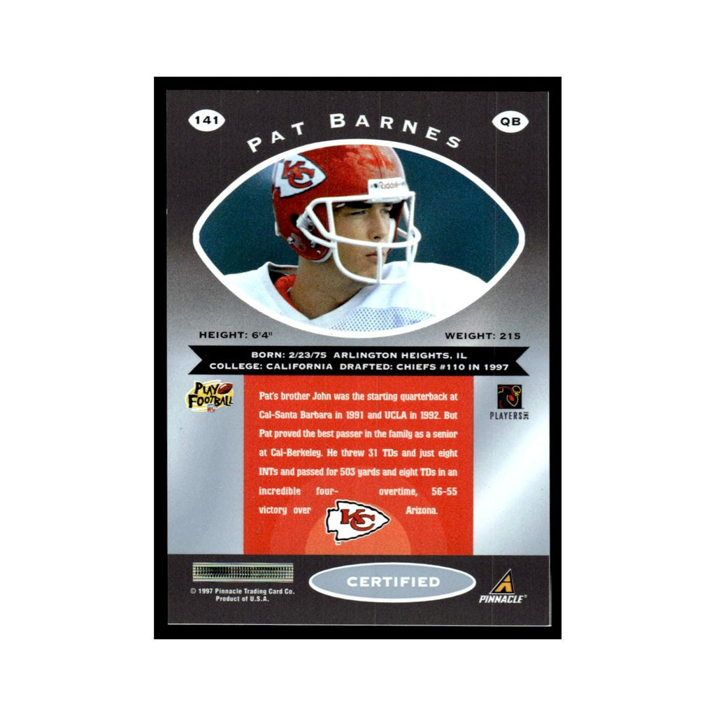 Pat Barnes 1997 Pinnacle Certified with Coating #141 Kansas City Chiefs NM
