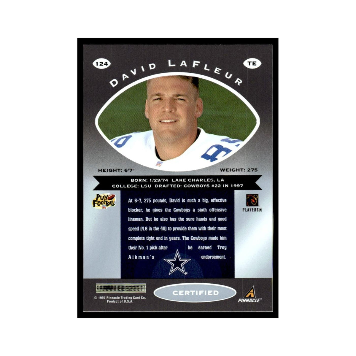 David LaFleur 1997 Pinnacle Certified with Coating #124 Dallas Cowboys NM