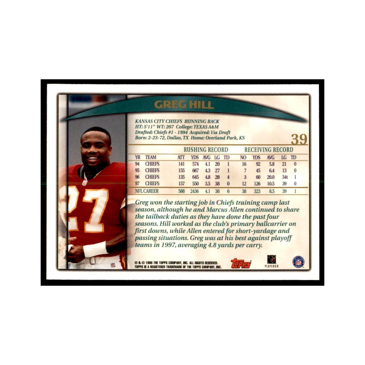 Greg Hill 1998 Topps #39 Football Cards Football Card NM