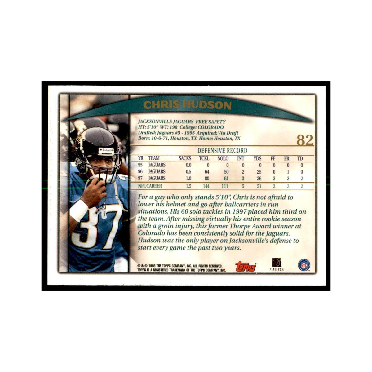 Chris Hudson 1998 Topps #82 Football Cards Football Card NM