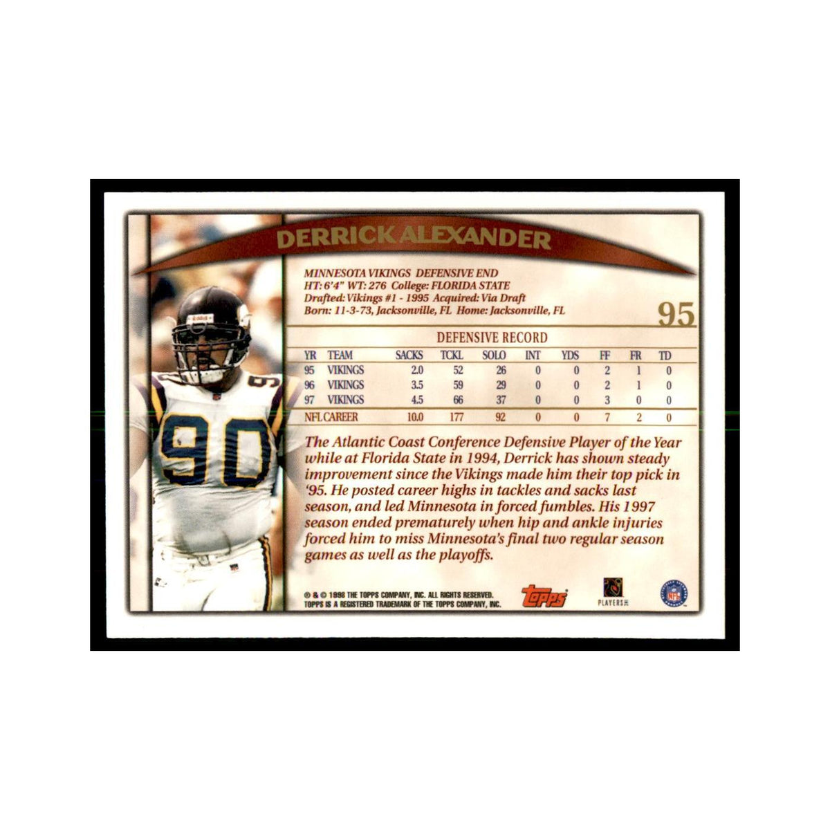 Derrick Alexander 1998 Topps #95 Football Cards Football Card NM