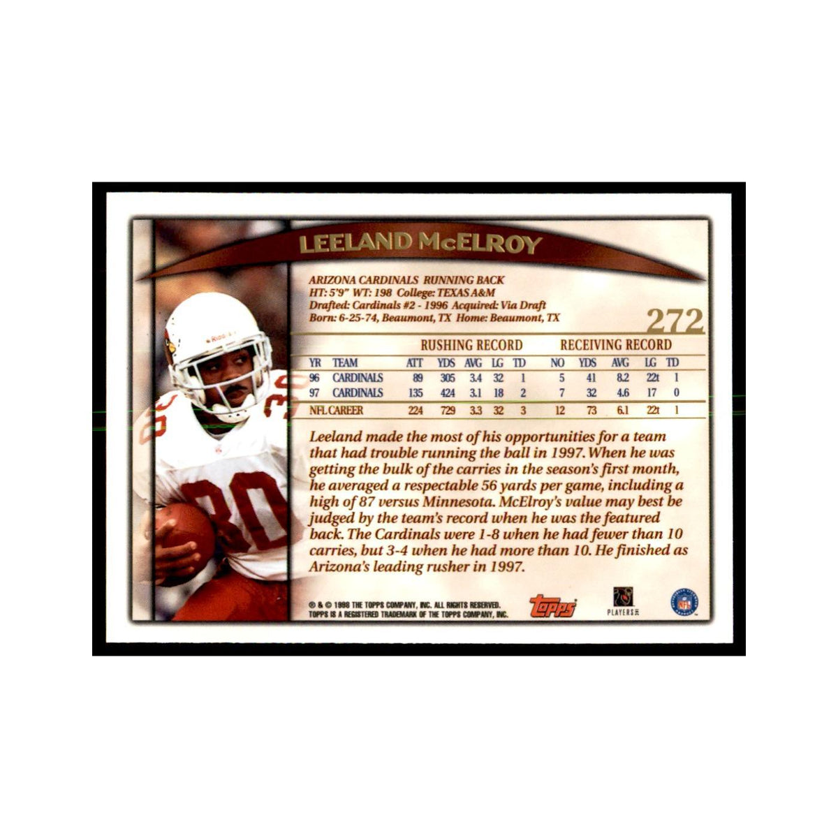 Leeland McElroy 1998 Topps #272 Football Cards Football Card NM