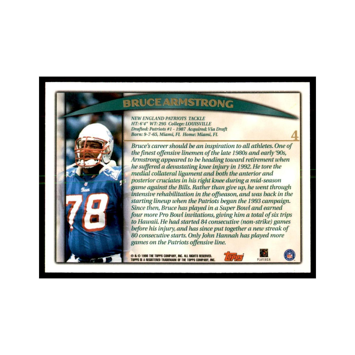 Bruce Armstrong 1998 Topps #4 Football Cards Football Card NM