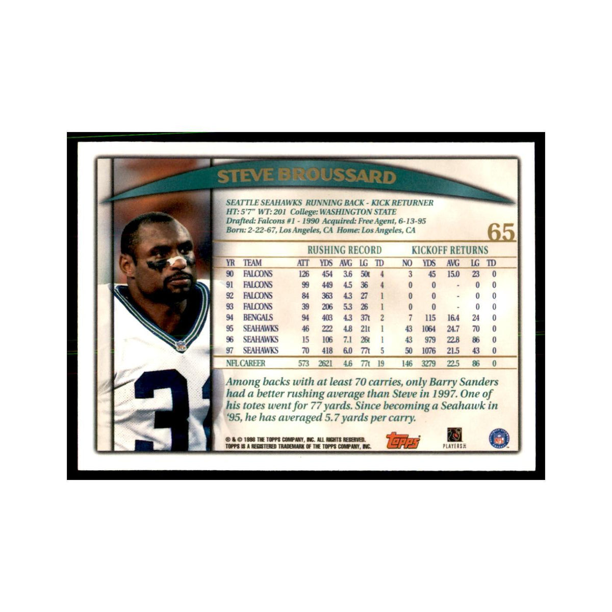 Steve Broussard 1998 Topps #65 Football Cards Football Card NM