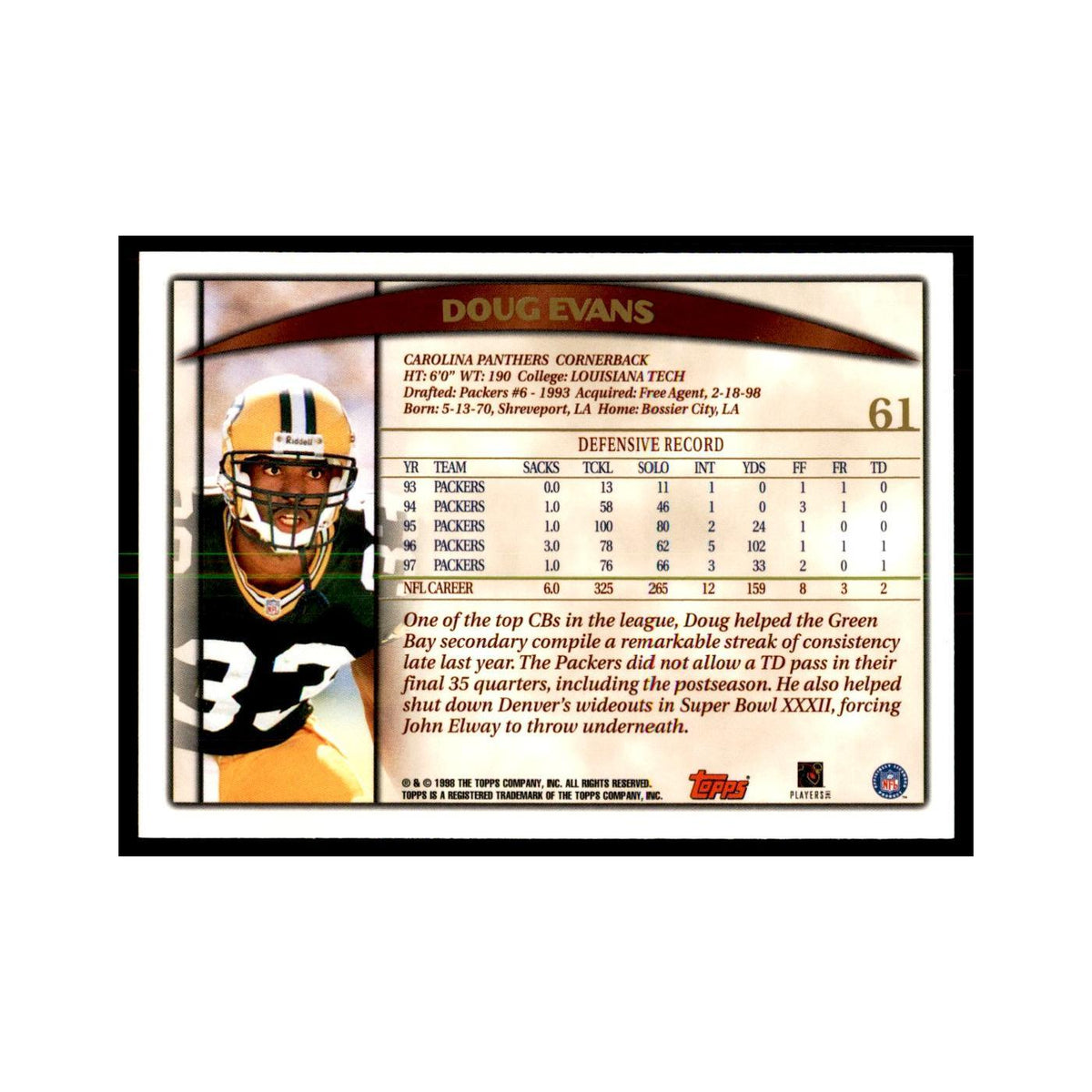 Doug Evans 1998 Topps #61 Football Cards Football Card NM