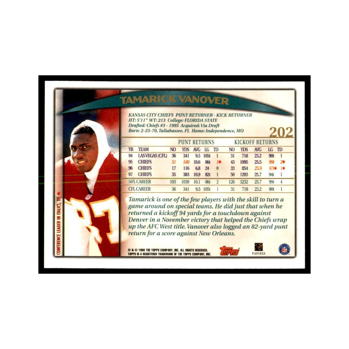 Tamarick Vanover 1998 Topps #202 Football Cards Football Card NM