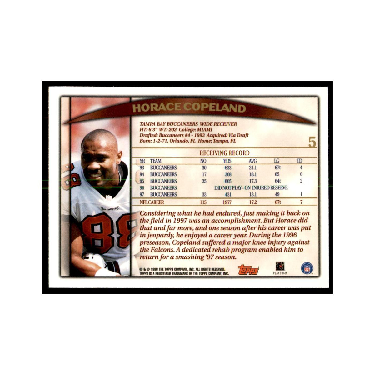 Horace Copeland 1998 Topps #5 Football Cards Football Card NM