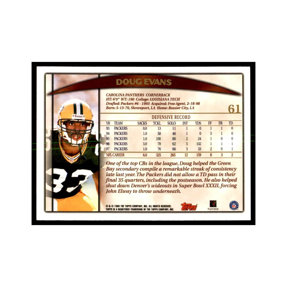 Doug Evans 1998 Topps #61 Football Cards Football Card NM