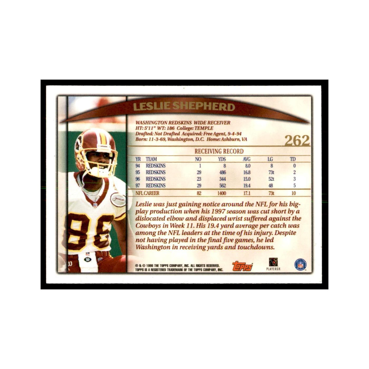 Leslie Shepherd 1998 Topps #262 Football Cards Football Card NM