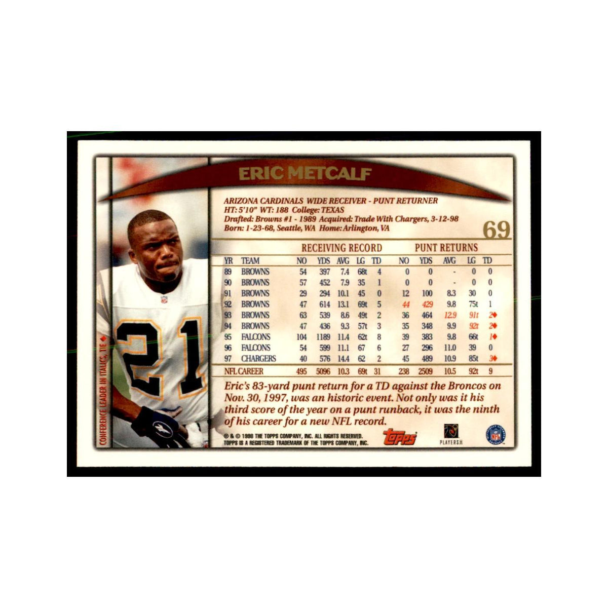 Eric Metcalf 1998 Topps #69 Football Cards Football Card NM