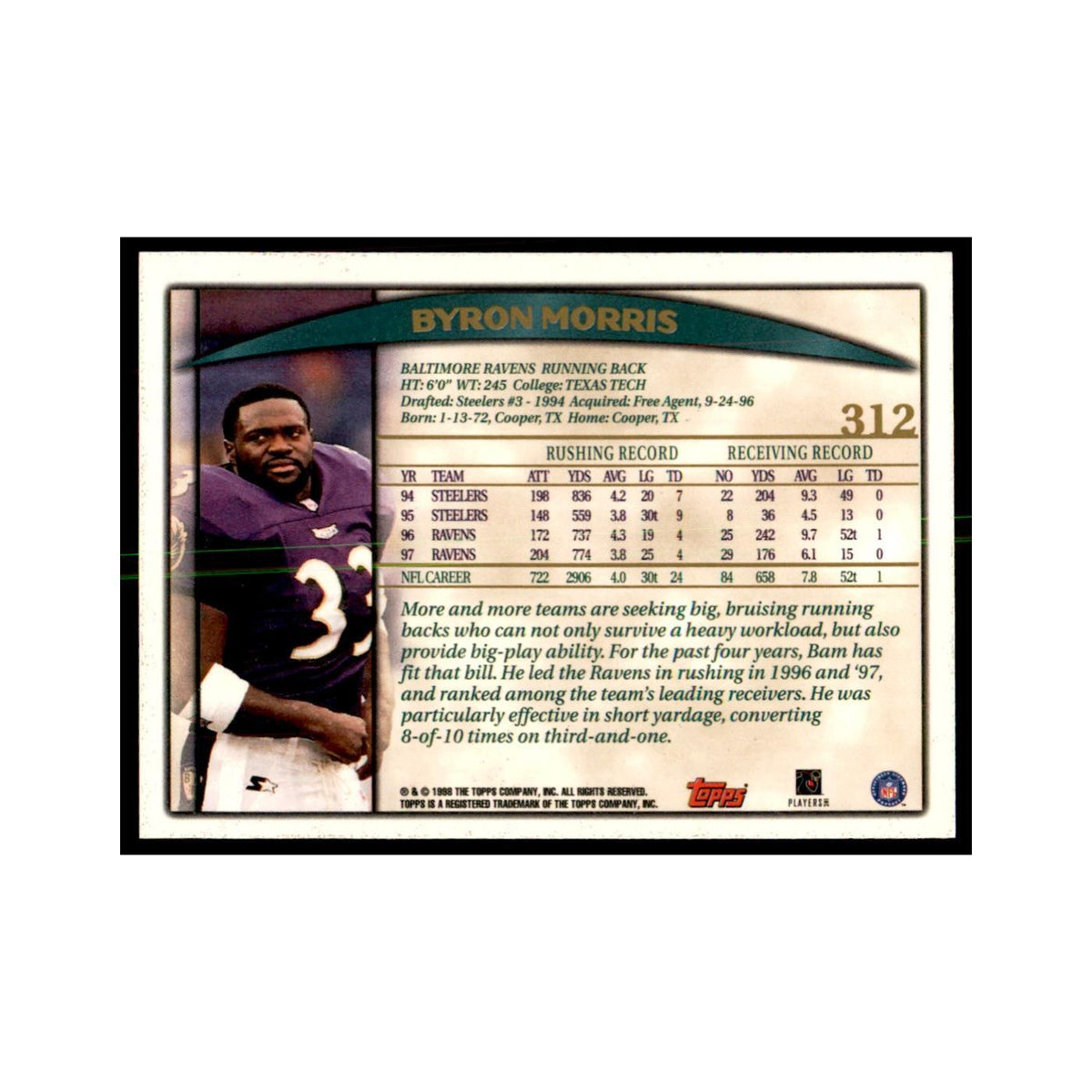 Byron Morris 1998 Topps #312 Football Cards Football Card NM