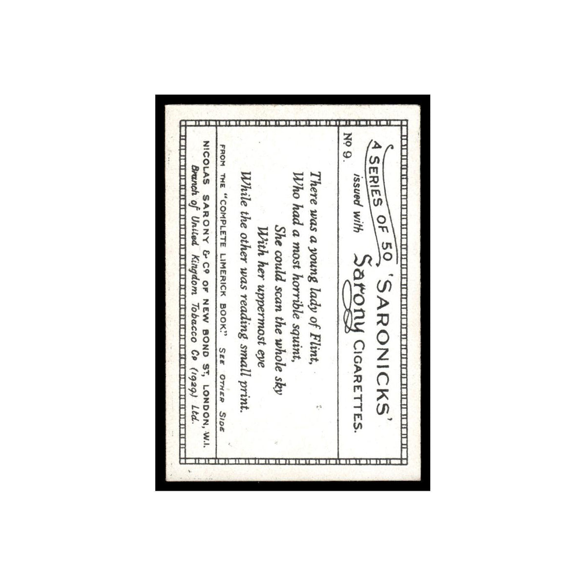 Saronicks 1929 Sarony Cigarettes #9 Card VG