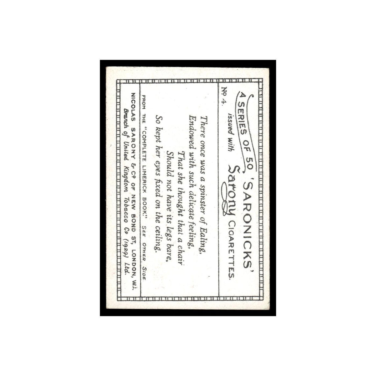 Saronicks 1929 Sarony Cigarettes #4 Card VG