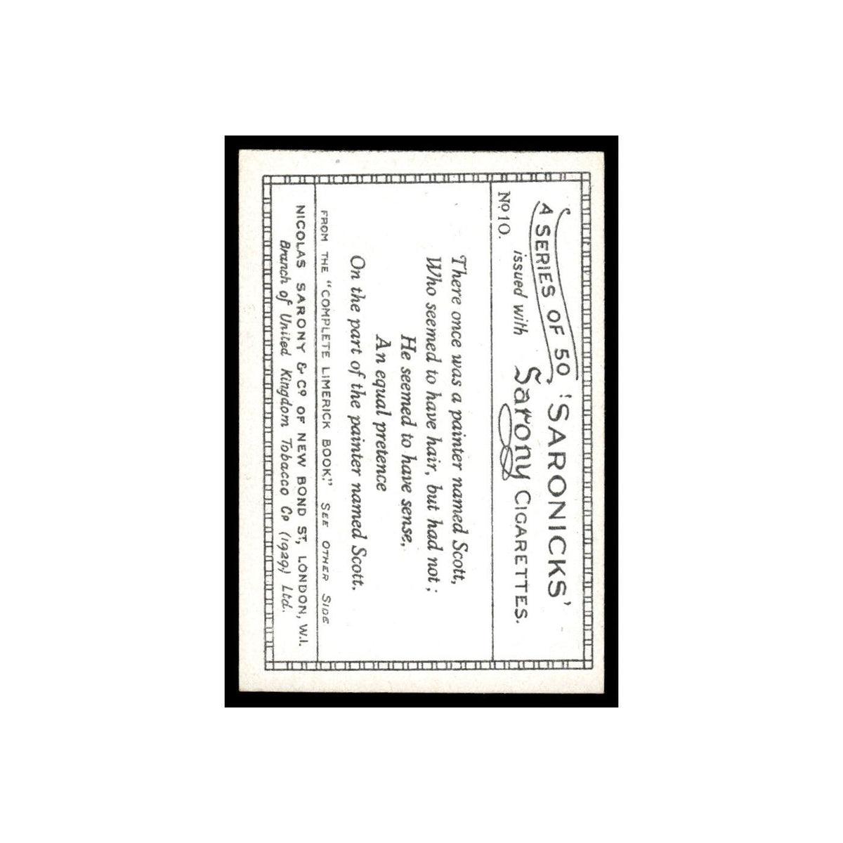 Saronicks 1929 Sarony Cigarettes #10 Card VG
