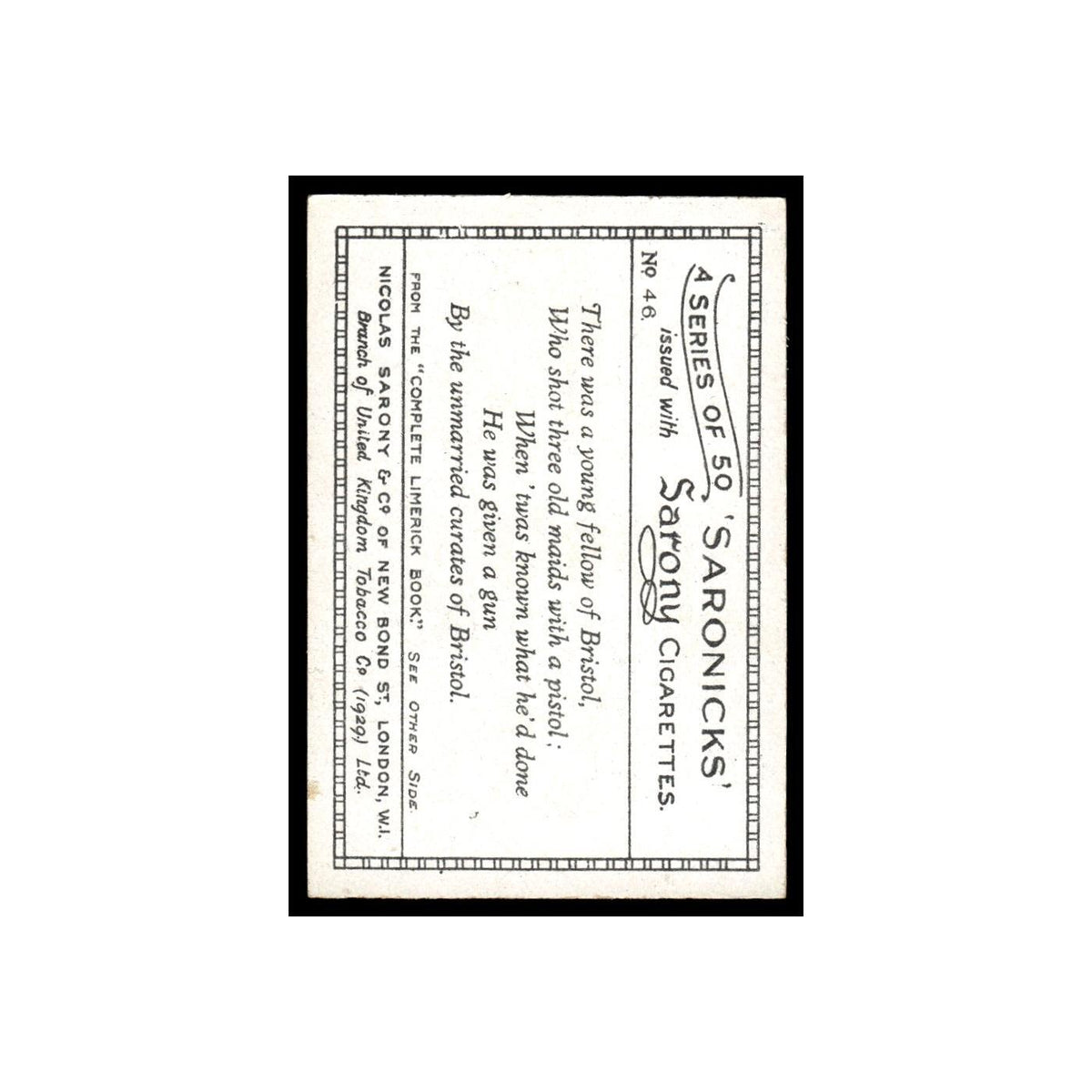 Saronicks 1929 Sarony Cigarettes #46 Card VG