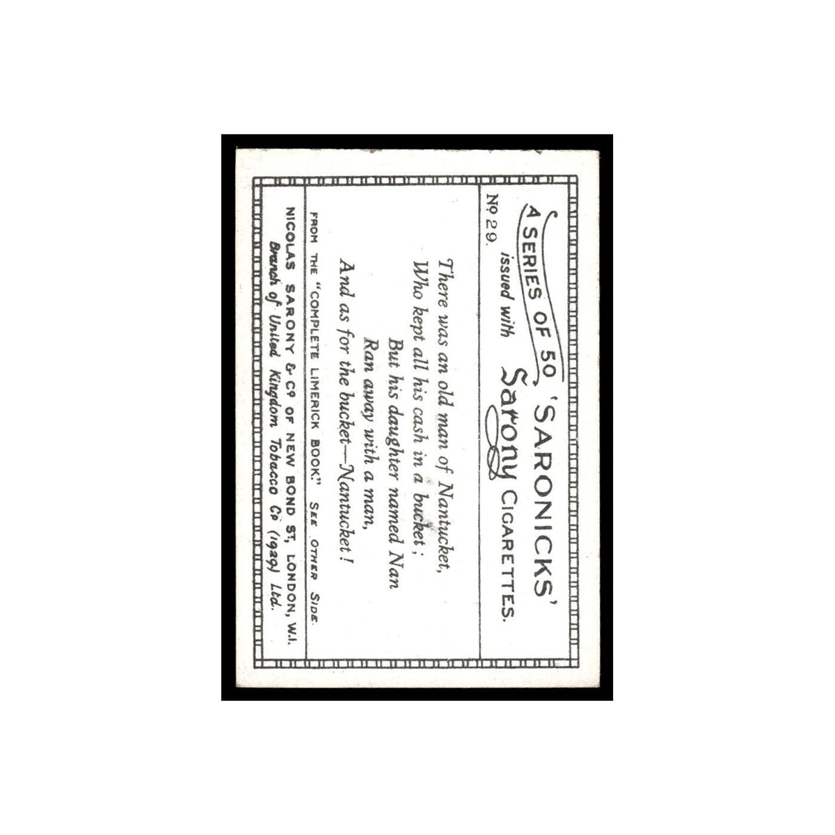 Saronicks 1929 Sarony Cigarettes #29 Card VG