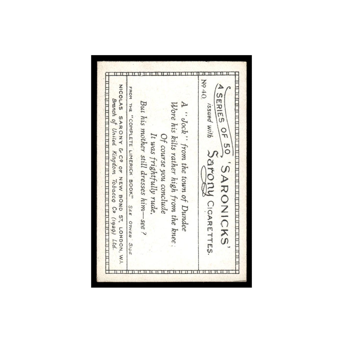 Saronicks 1929 Sarony Cigarettes #40 Card VG