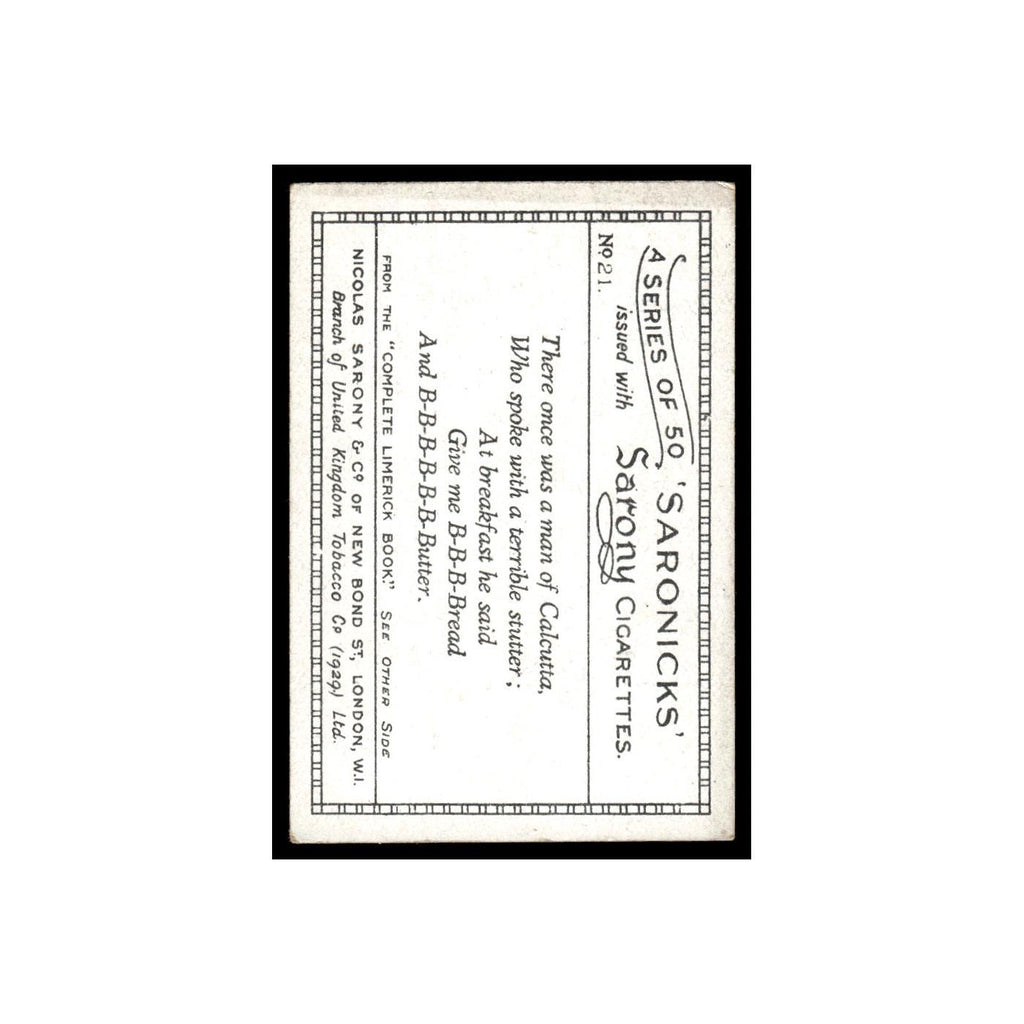 Saronicks 1929 Sarony Cigarettes #21 Card VG