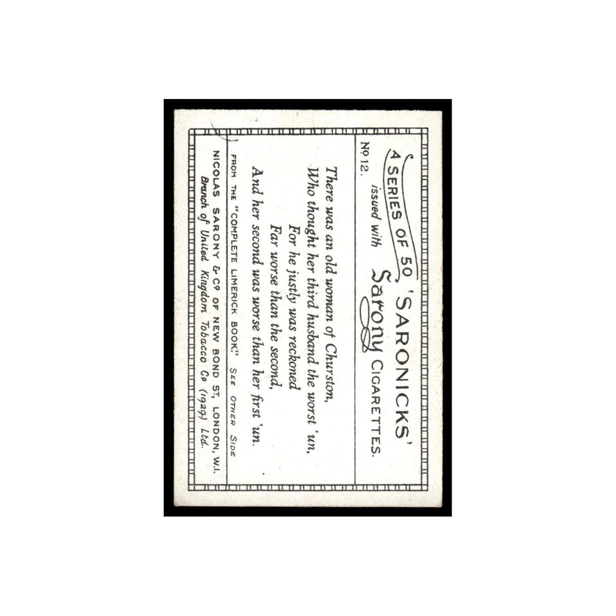 Saronicks 1929 Sarony Cigarettes #12 Card VG