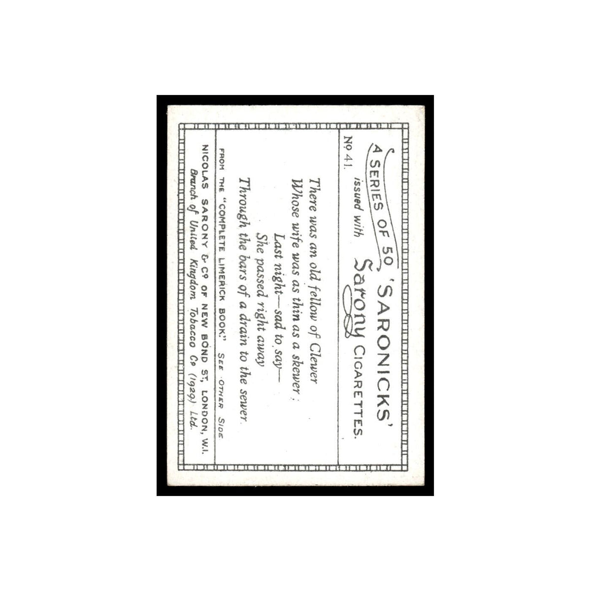Saronicks 1929 Sarony Cigarettes #41 Card VG