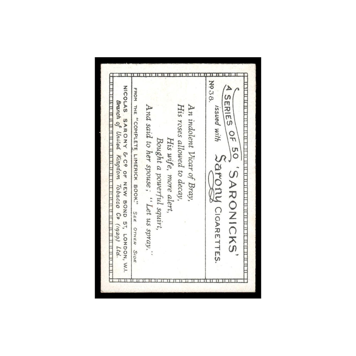 Saronicks 1929 Sarony Cigarettes #38 Card VG