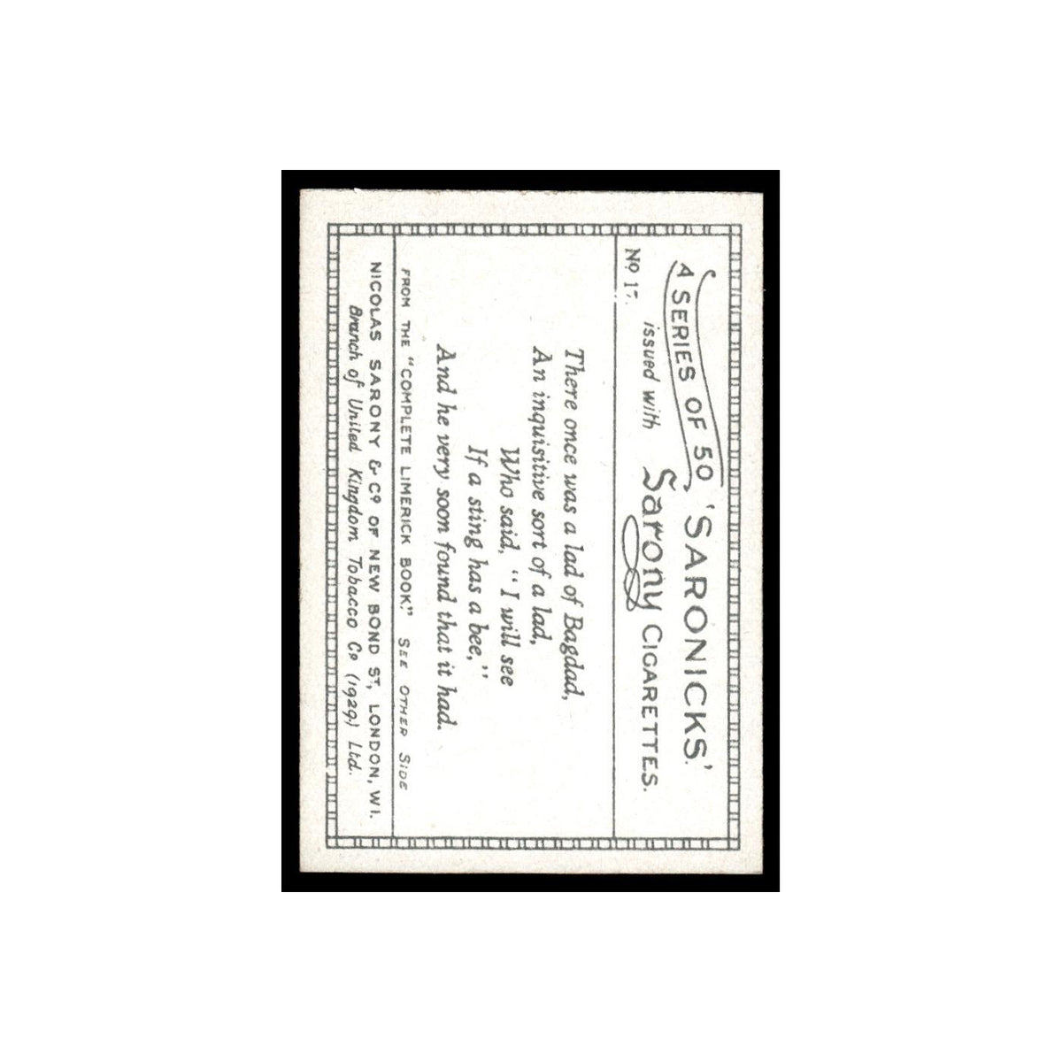 Saronicks 1929 Sarony Cigarettes #17 Card VG