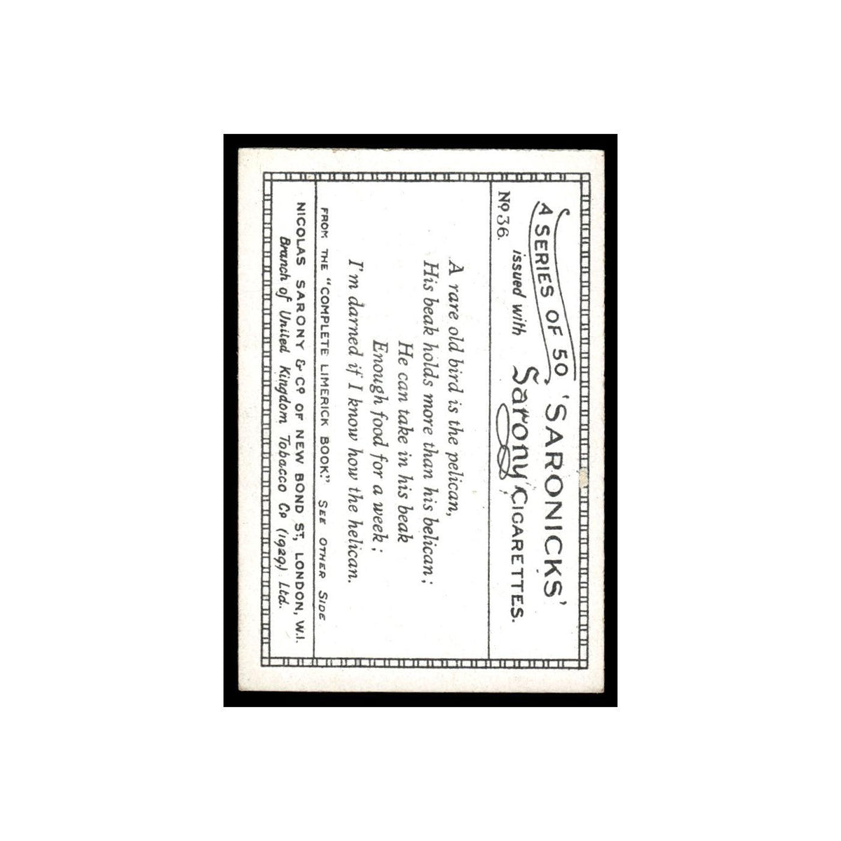 Saronicks 1929 Sarony Cigarettes #36  Card VG
