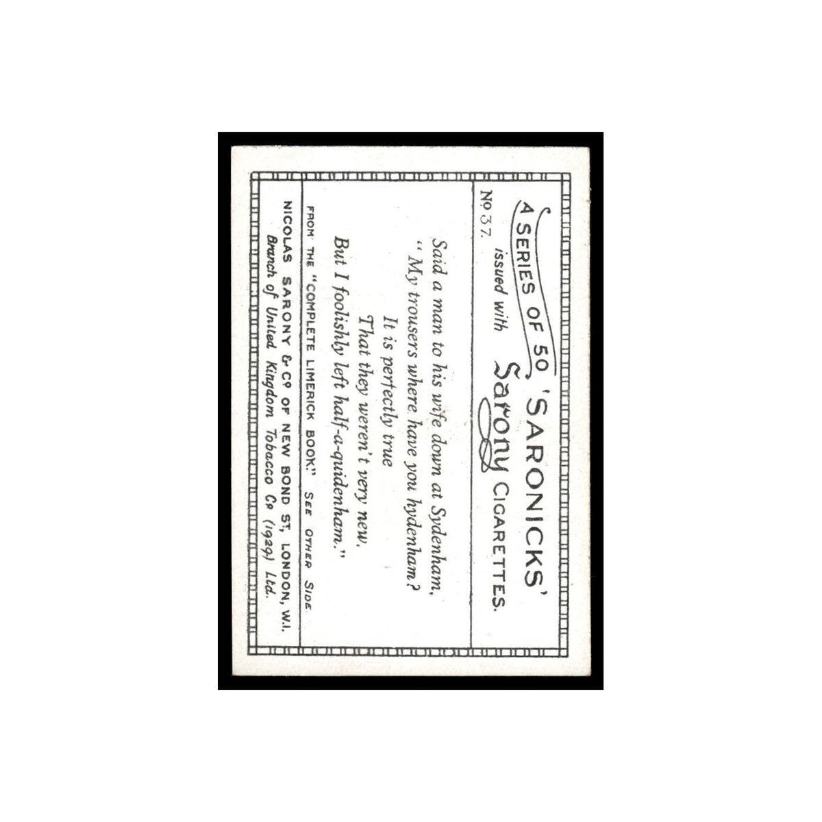 Saronicks 1929 Sarony Cigarettes #37 Card VG