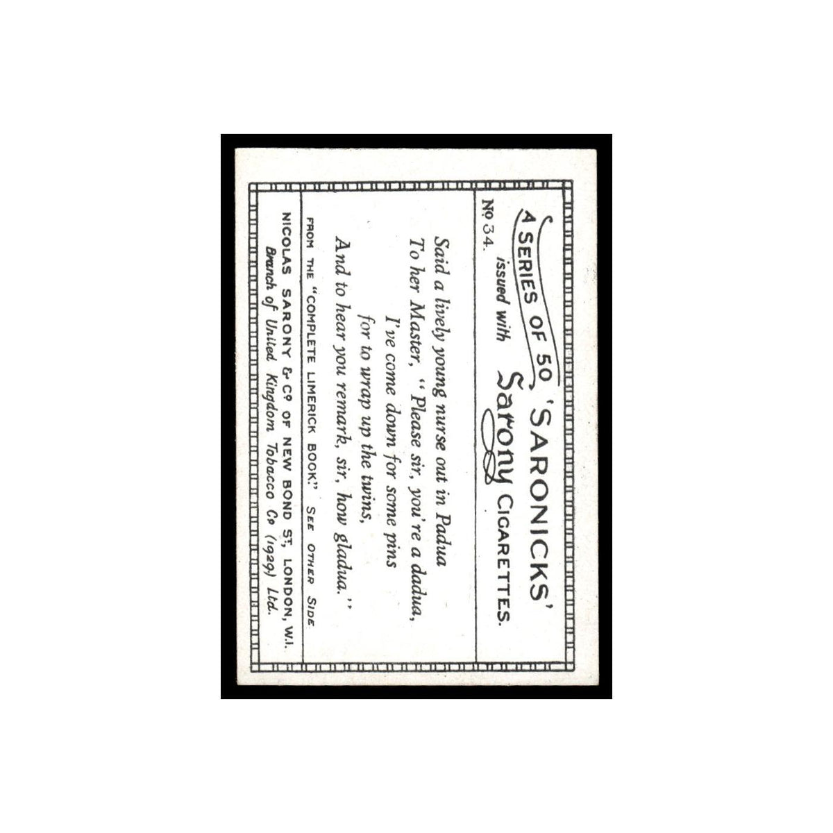 Saronicks 1929 Sarony Cigarettes #34 Card VG