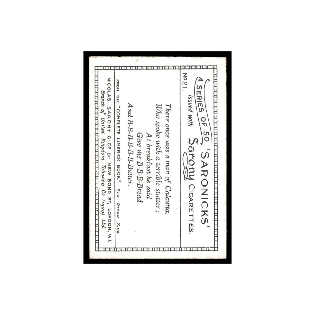 Saronicks 1929 Sarony Cigarettes #21 Card VG