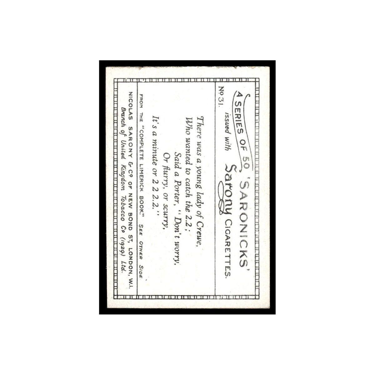 Saronicks 1929 Sarony Cigarettes #31 Card VG