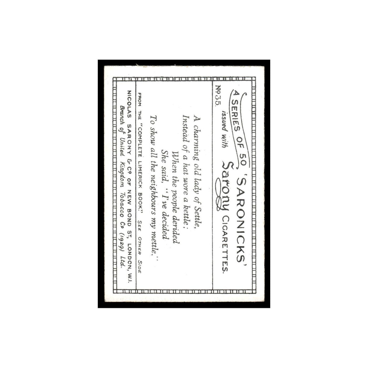 Saronicks 1929 Sarony Cigarettes #35 Card VG