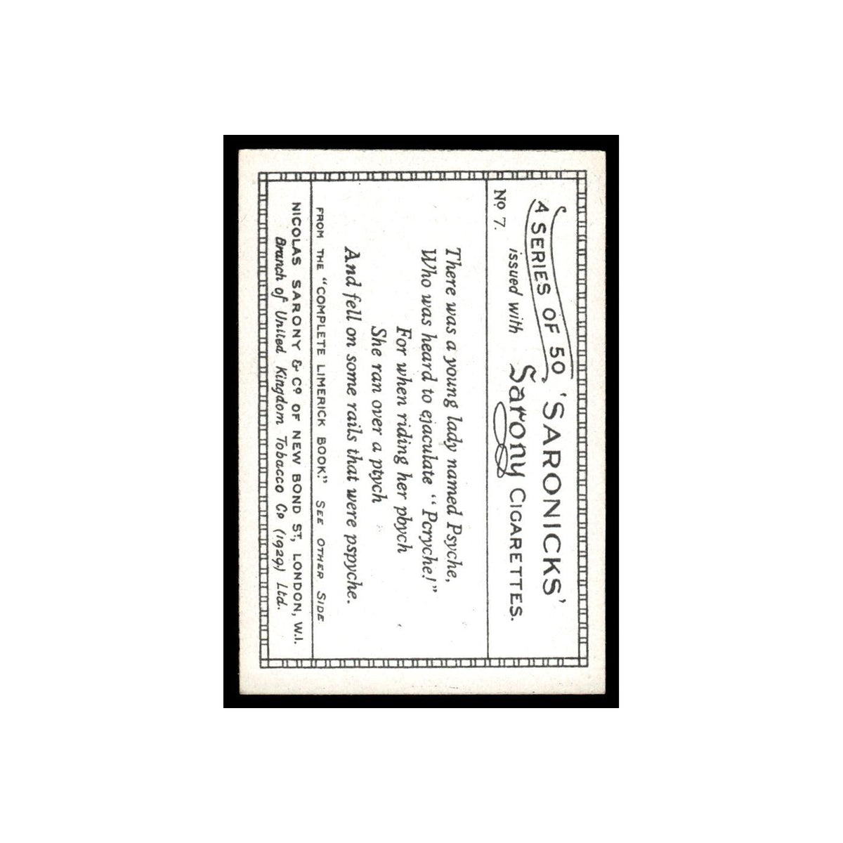 Saronicks 1929 Sarony Cigarettes #7 Card VG