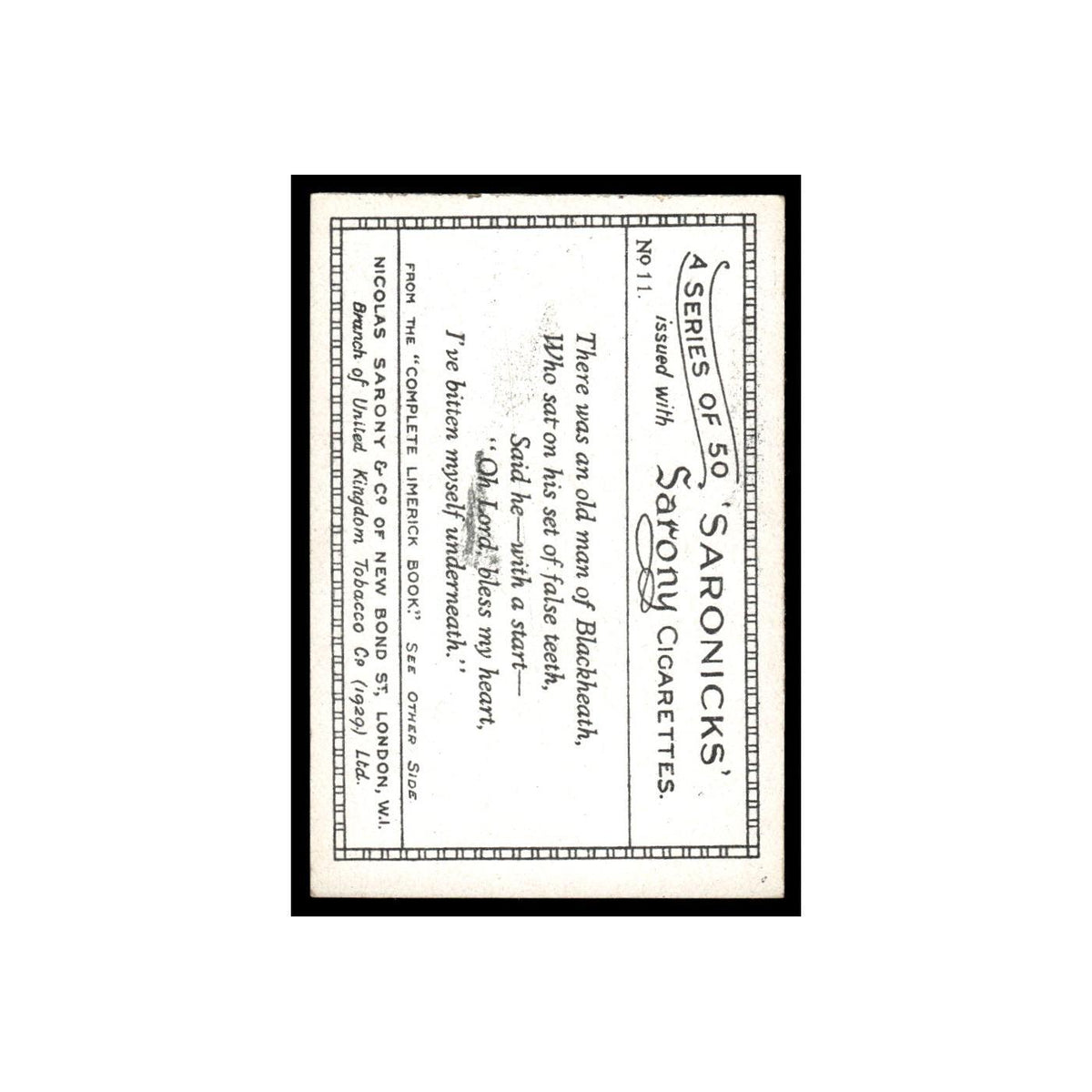Saronicks 1929 Sarony Cigarettes #11 Card VG