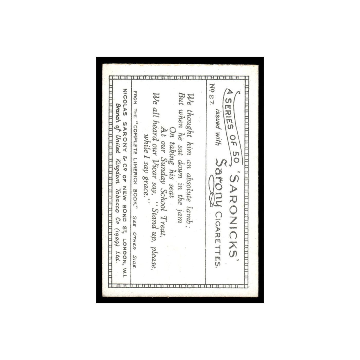 Saronicks 1929 Sarony Cigarettes #27 Card VG
