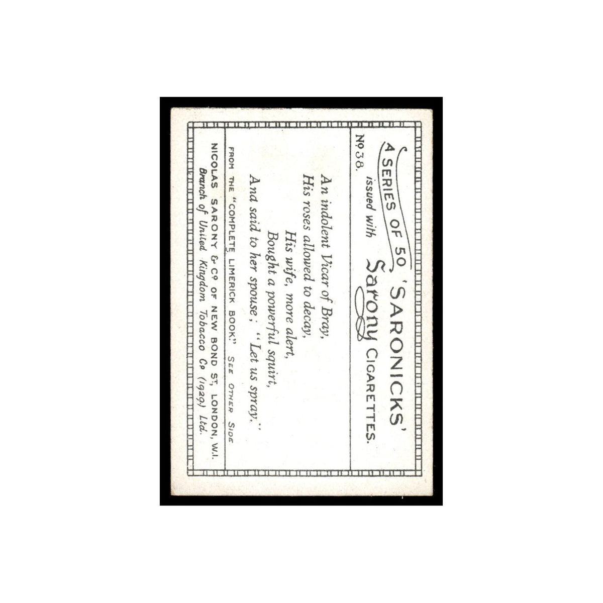 Saronicks 1929 Sarony Cigarettes #38 Card VG
