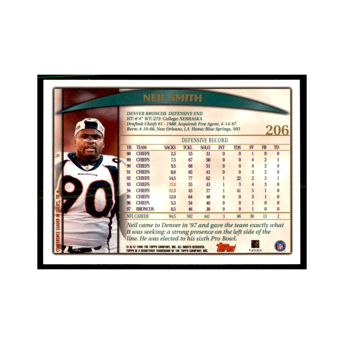 Neil Smith 1998 Topps #206 Football Cards Football Card NM