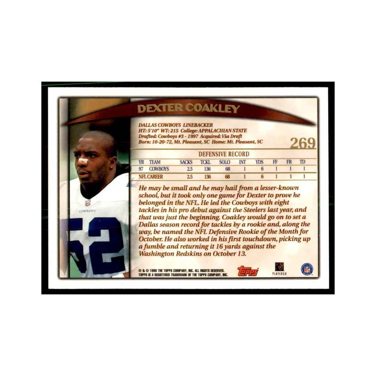 Dexter Coakley 1998 Topps #269 Football Cards Football Card NM