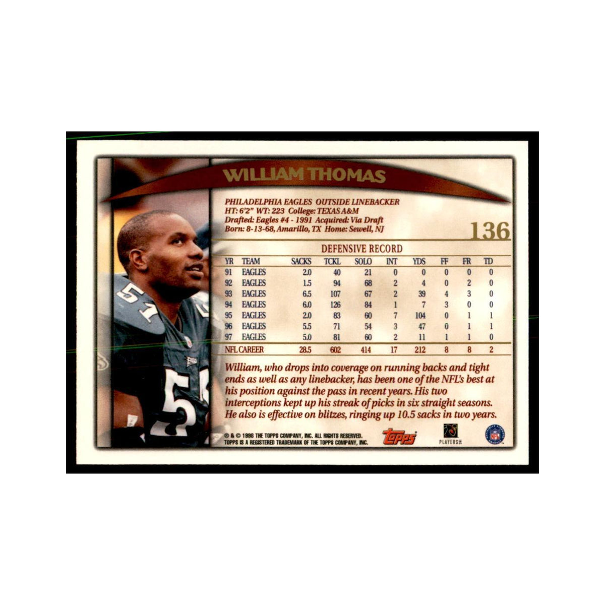 William Thomas 1998 Topps #136 Football Cards Football Card NM