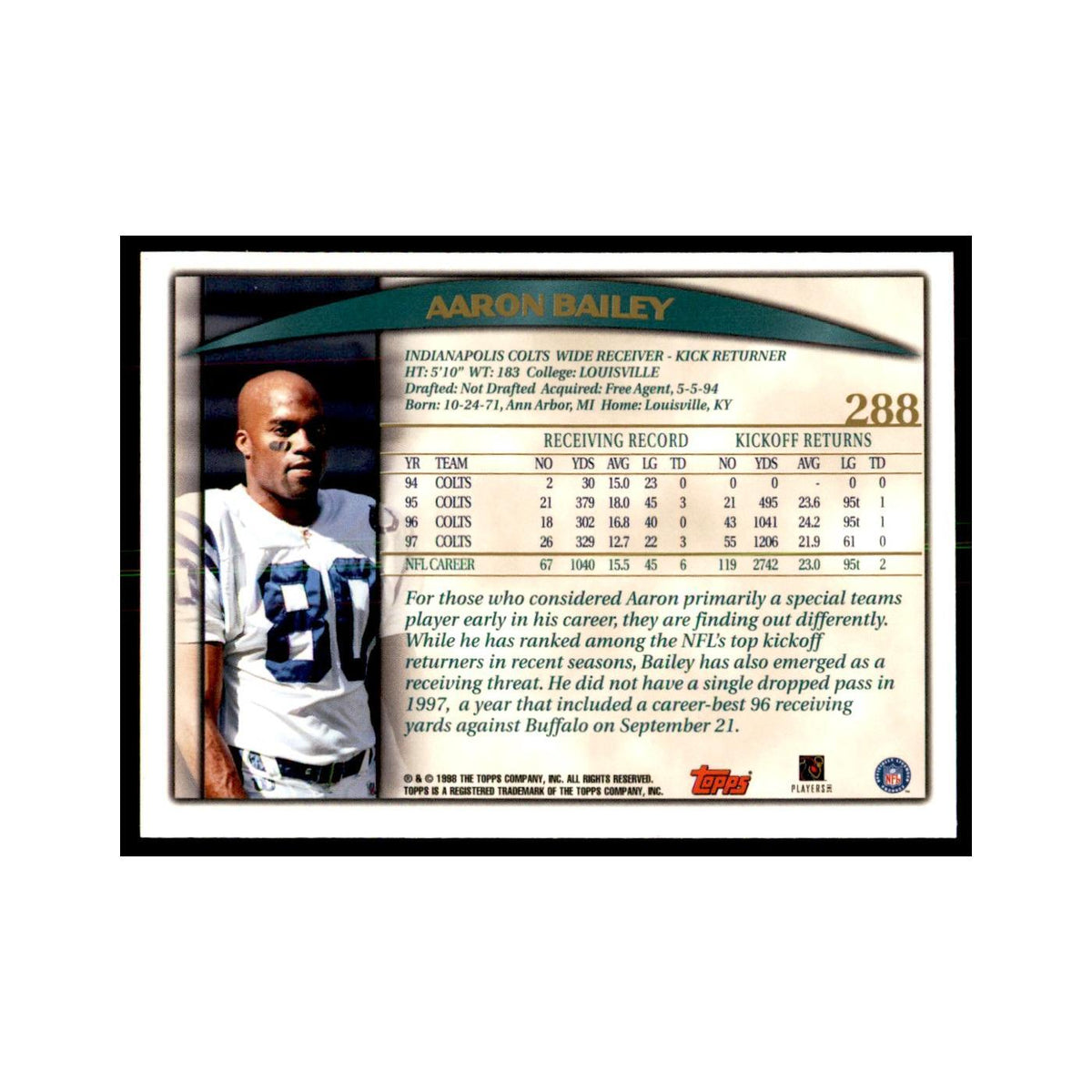 Aaron Bailey 1998 Topps #288 Football Cards Football Card NM