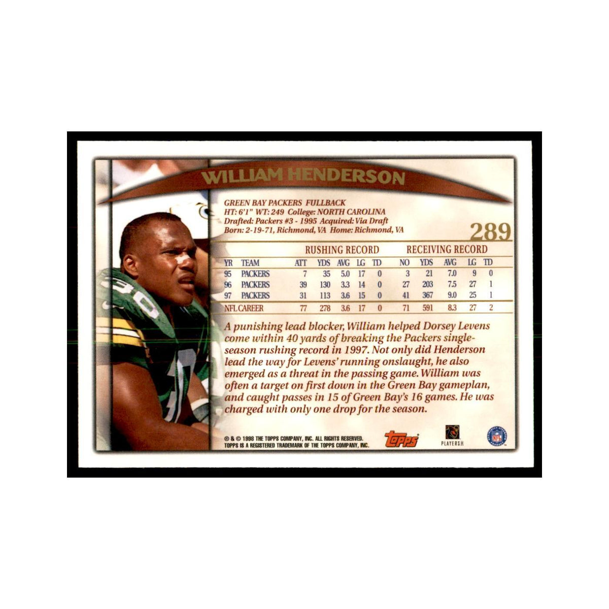 William Henderson 1998 Topps #289 Football Cards Football Card NM