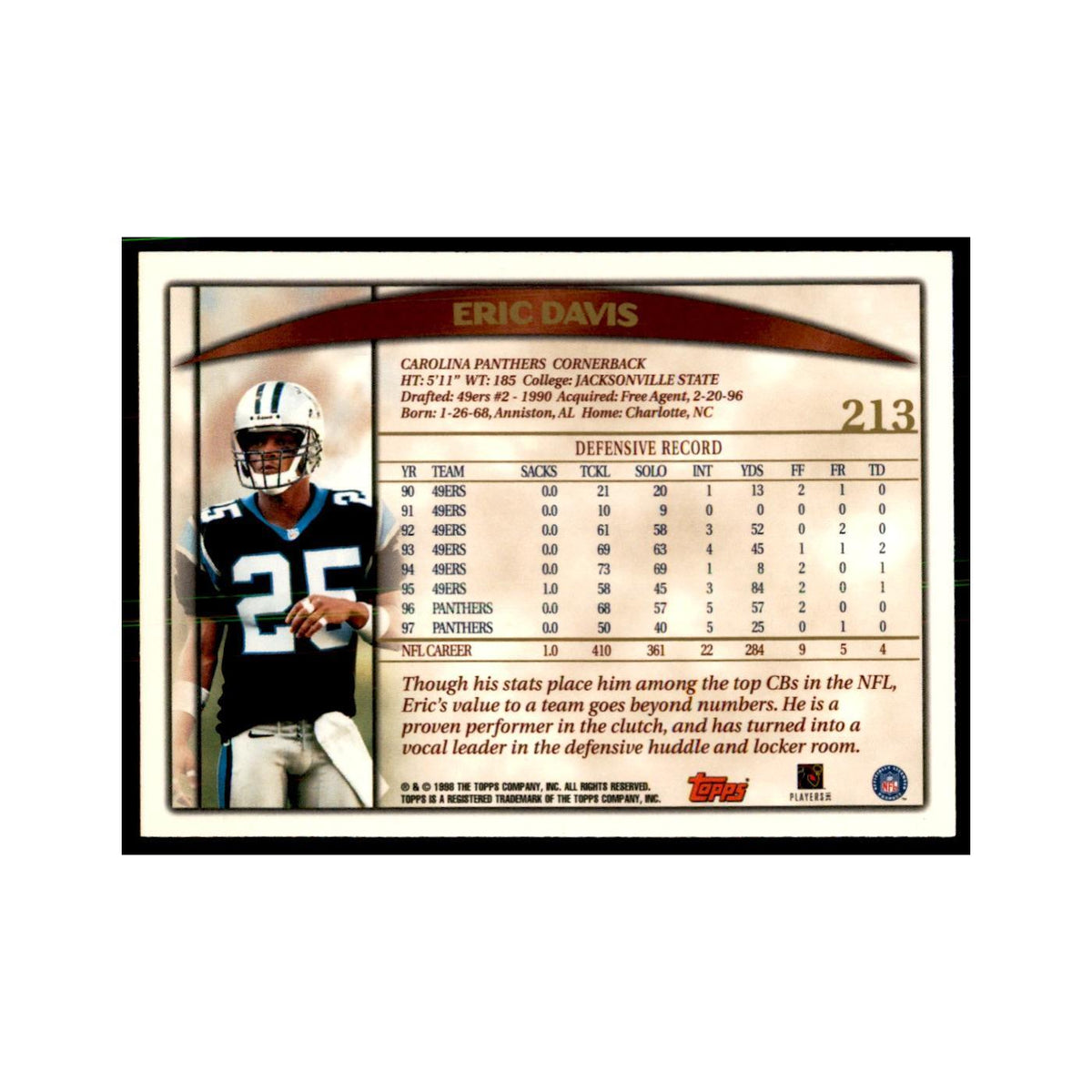 Eric Davis 1998 Topps #213 Football Cards Football Card NM