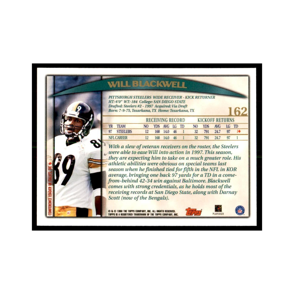 Will Blackwell 1998 Topps #162 Football Cards Football Card NM