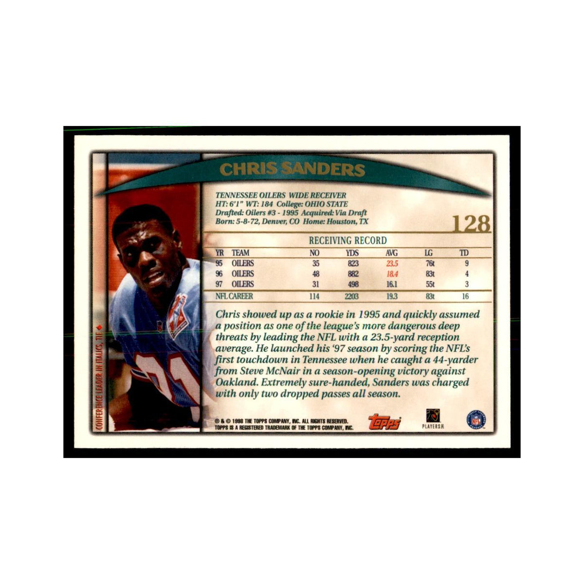 Chris Sanders 1998 Topps #128 Football Cards Football Card NM