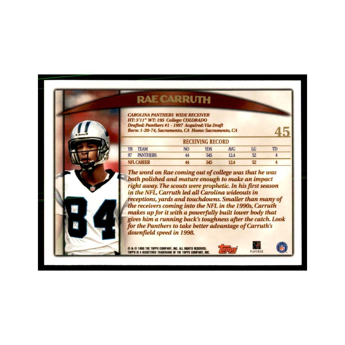 Rae Carruth 1998 Topps #45 Football Cards Football Card NM