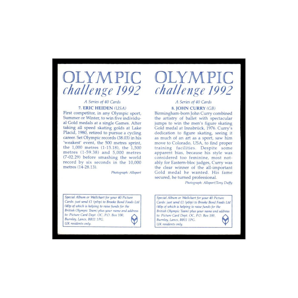 Eric Heiden John Curry 1992 Brooke Bond Olympic Challenge Double Card #7/8 NM