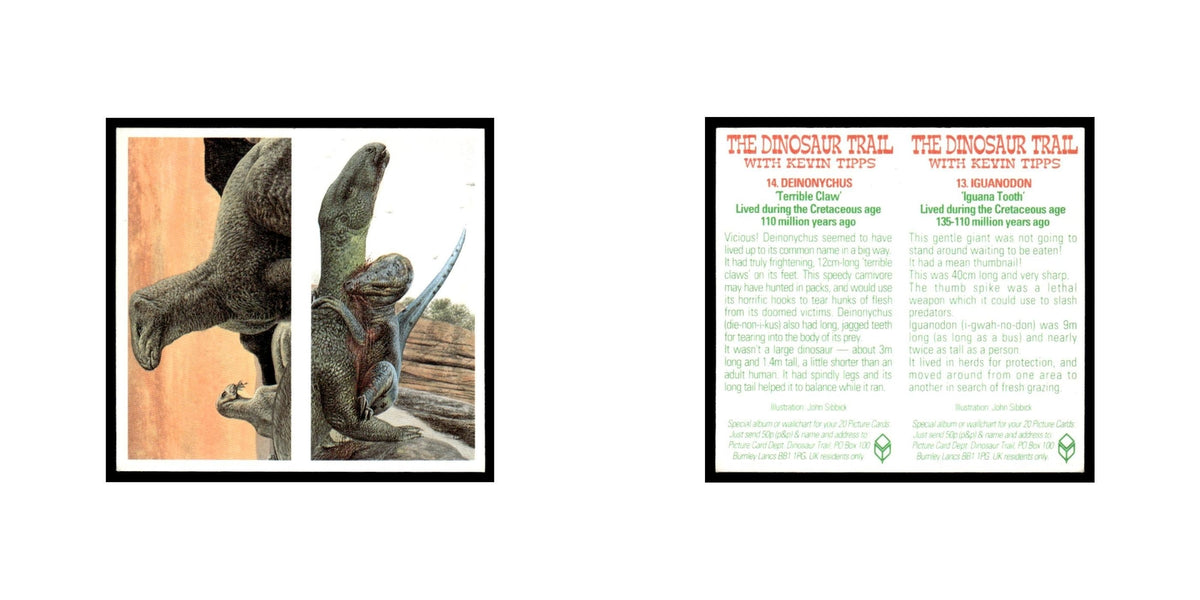 Iguanodon Deinonychus 1993 Brooke Bond The Dinosaur Trail Double Card #13/14 NM